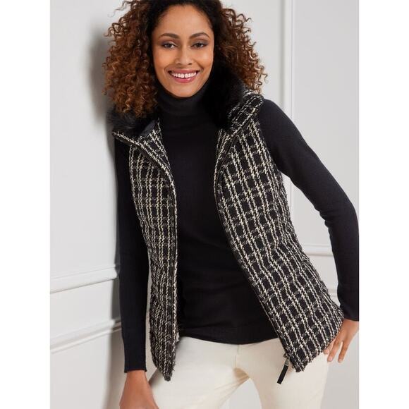 Talbots faux fur collar down puffer tweed vest sz large - Picture 1 of 13